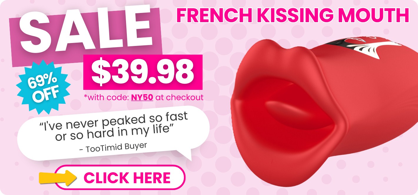 Red product shaped like a kissing mouth with promotional text on a pink background