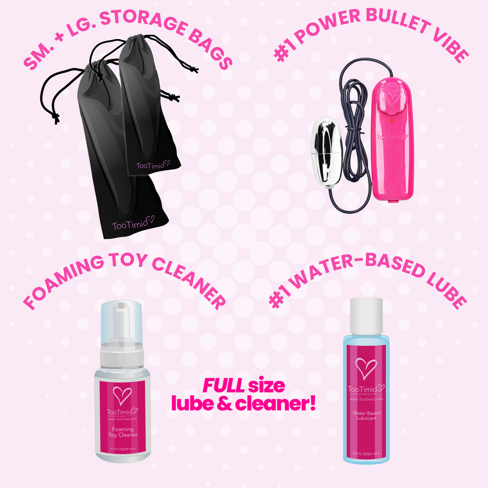 1 small and 1 large storage bag. #1 power bullet vibe. Foaming toy cleaner. #1 water-based lube. 