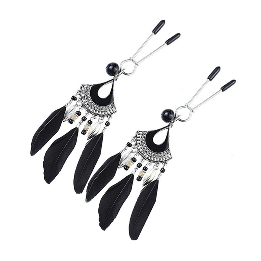 Feather Nipple Clamps image showing the tweezer style nipple clams and the texture of the black feathers and beads.