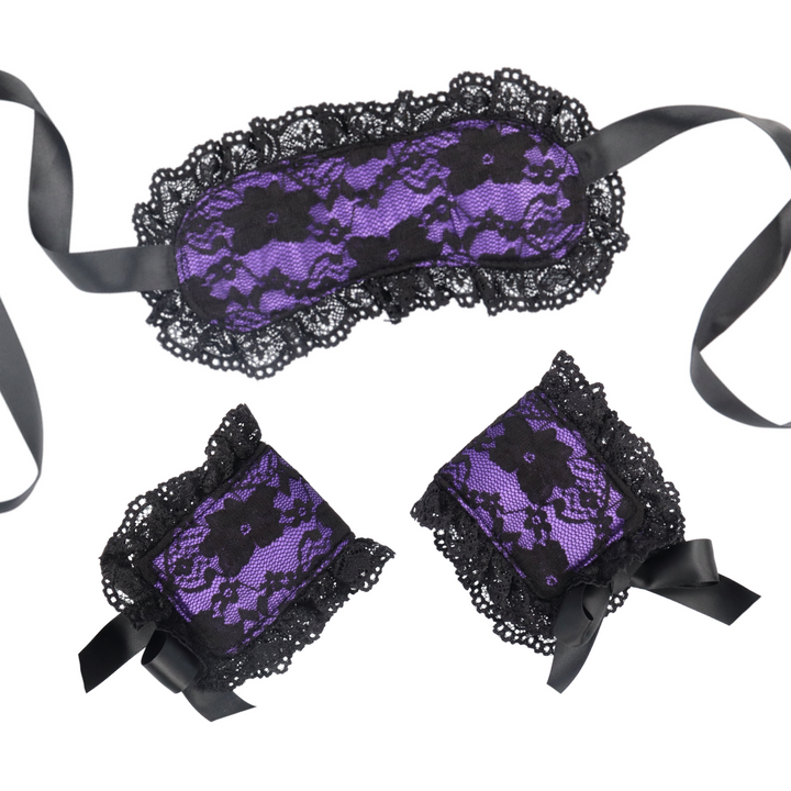 purple and black Intimate Bondage Kit For Couples - Silk Lace Blindfold & Cuff Set 