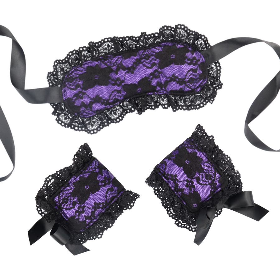 purple and black Intimate Bondage Kit For Couples - Silk Lace Blindfold & Cuff Set 