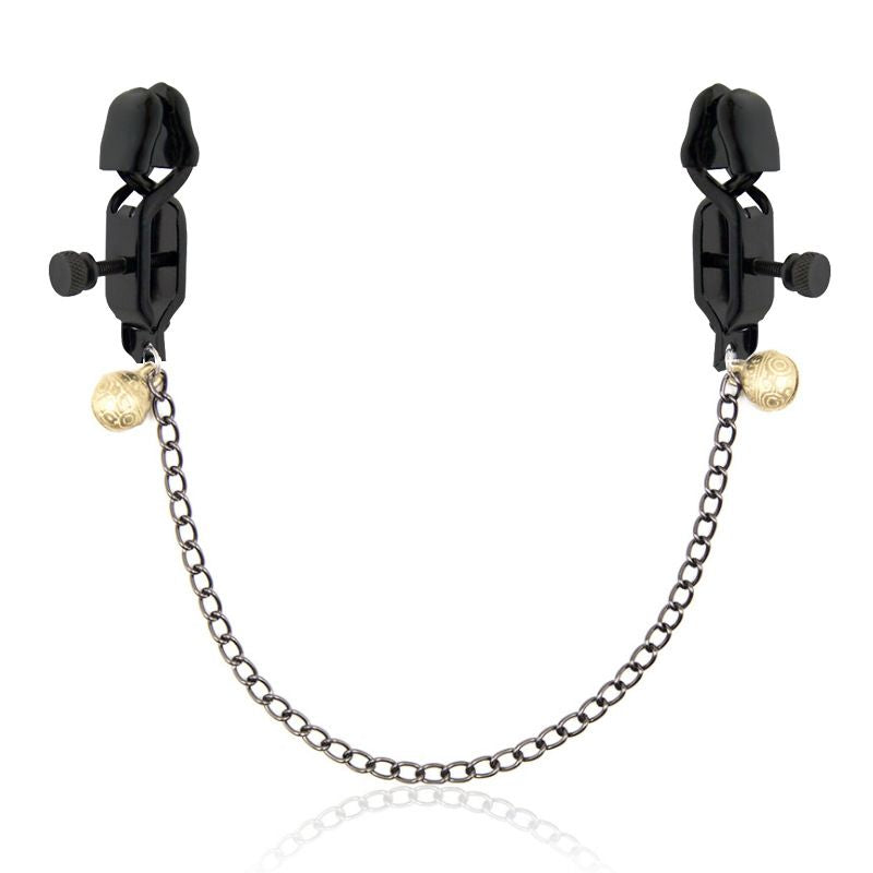 Erotic Chained Nipple Clamps with Gold Bells image showing the chain, clamps and the gold colored bells.