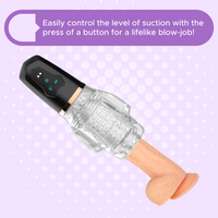 The sucking and vibrating masturbator shown on a dildo. Easily control the level of suction with the press of a button for a lifelike blow-job! 
