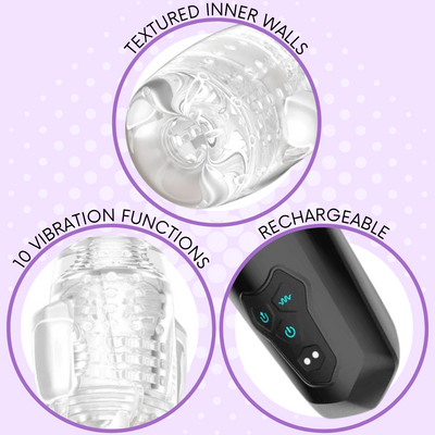 Three close-up shots of the sucking & vibrating masturbator showing that is has textured inner walls, 10 vibration functions, and is rechargeable.