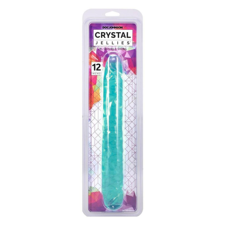 frontside of Crystal Jellies Jr. Double Dildo 12in packaging 