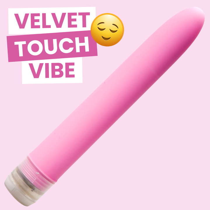 Pink 'Velvet Touch Vibe' product on a pink background with a smiling emoji.