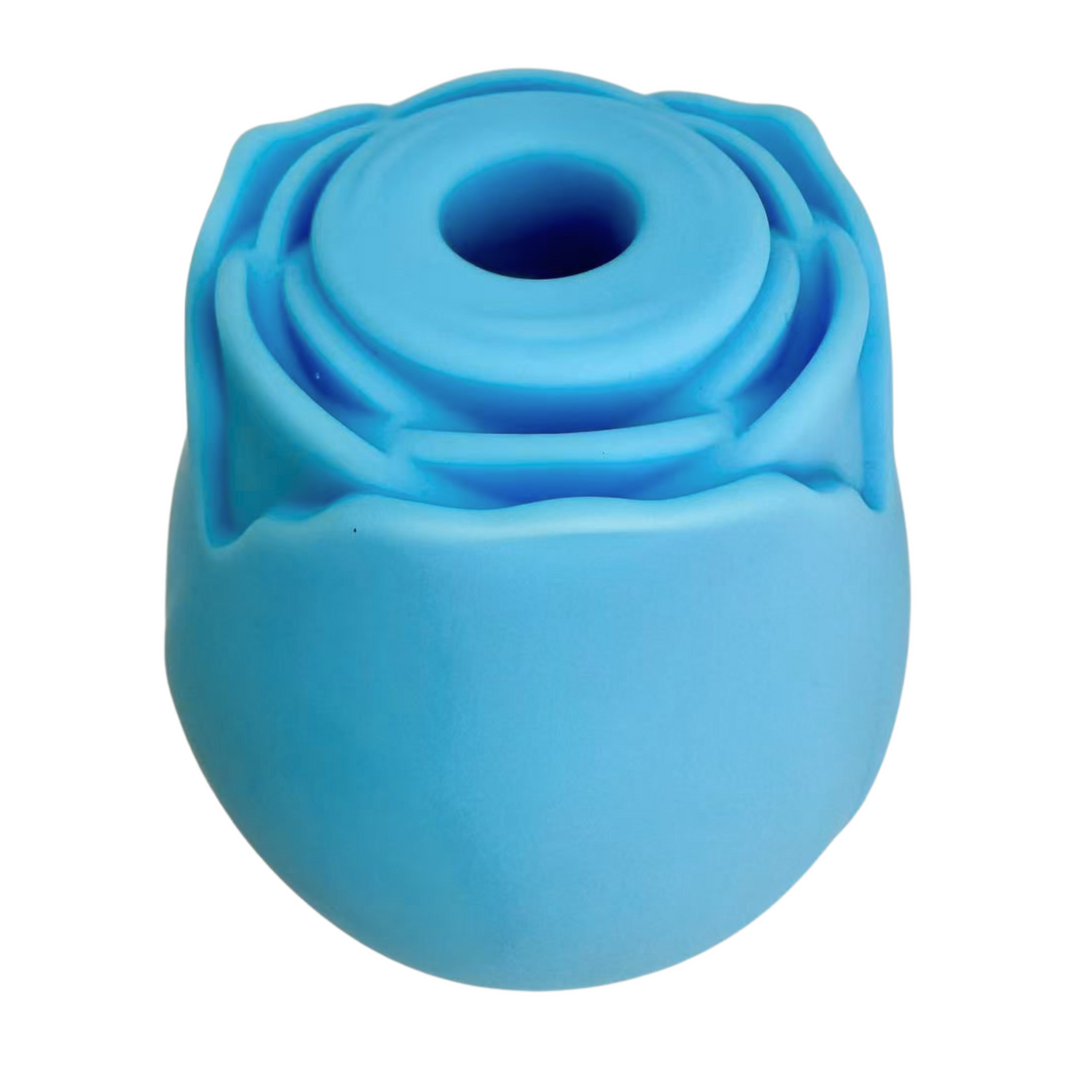 Blue euphoria rose bud air pulse stimulator angled top view
