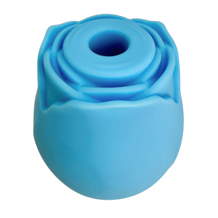 Blue euphoria rose bud air pulse stimulator angled top view