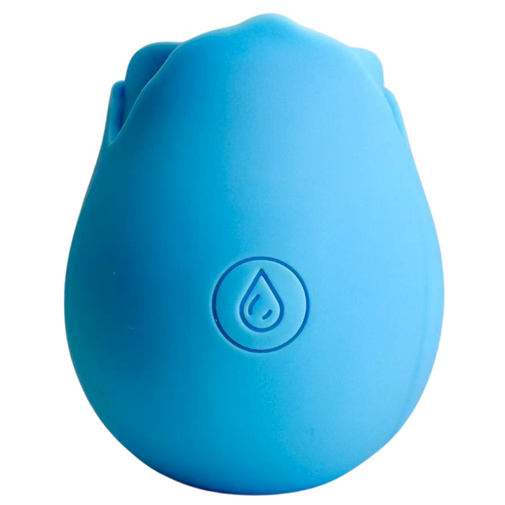 Blue euphoria rose bud air pulse stimulator view of power button