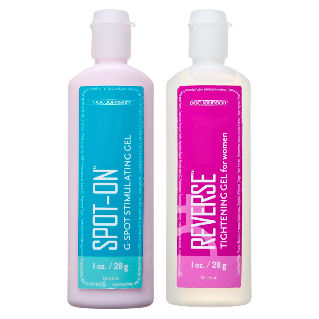 Two bottles of Doc Johnson gel, one labeled 'Spot-On' and the other 'Reverse', on a white background.