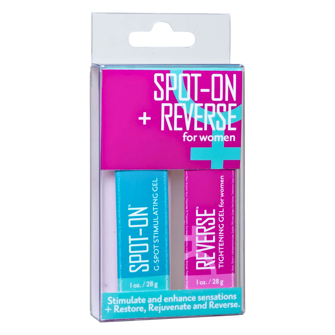 Packaging of 'Spot-On + Reverse' for women with pink and blue design.