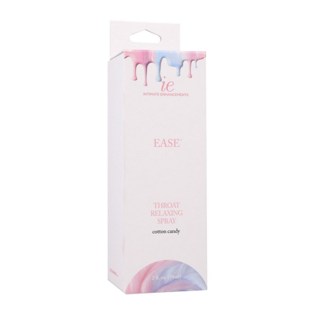 frontside of cotton candy Intimate Enhancements Ease Throat Relaxing Spray as seen inside of packaging 