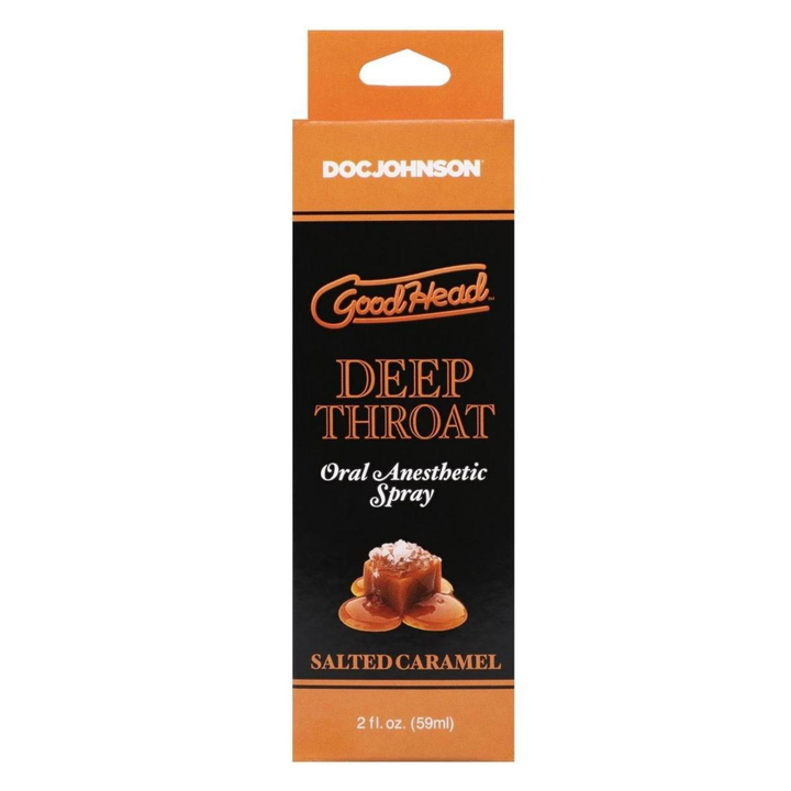 GoodHead Deep Throat Oral Anesthetic Spray Salted Caramel 2oz as seen inside of packaging 