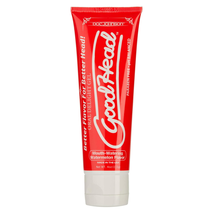 Red tube of Watermelon GoodHead oral gel on a white background