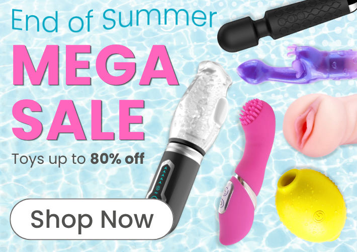 Promotional sale graphic with the text 'End of Summer MEGA SALE' and 'Toys up to 80% off' over a light blue water-pattern background. Multiple adult novelty/toy products are shown, including a black-and-silver wand-style device, a pink vibrator, a purple textured piece, a pink realistic prop, and a yellow bulb-shaped item.
