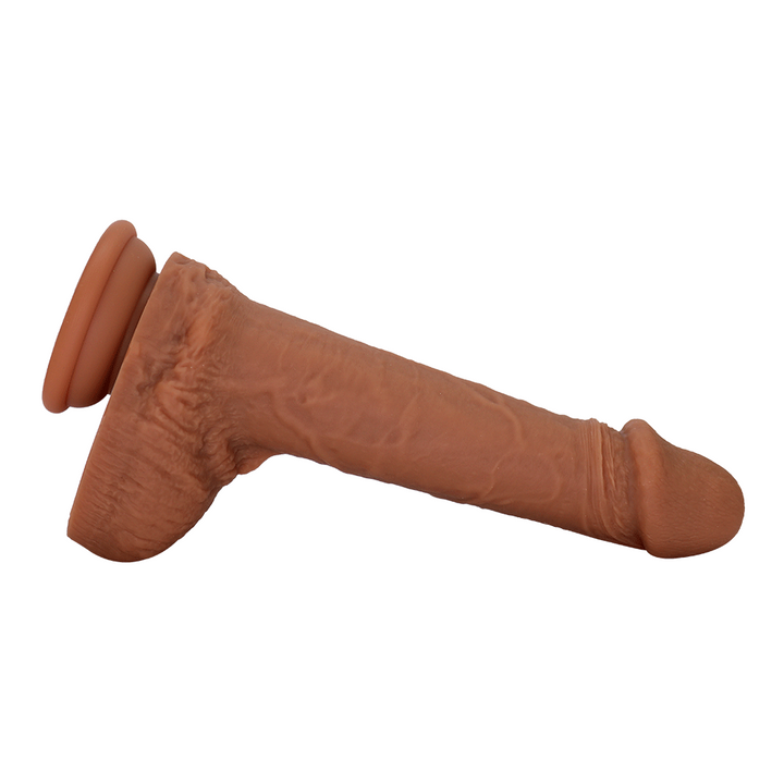 side view brown silicone dildo with balls