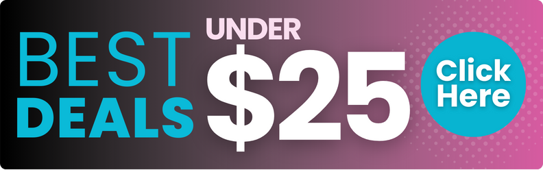Promotional banner for Black Friday deals under $25 with clickable text on a pink background.