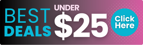 Promotional banner for Black Friday deals under $25 with clickable text on a pink background.