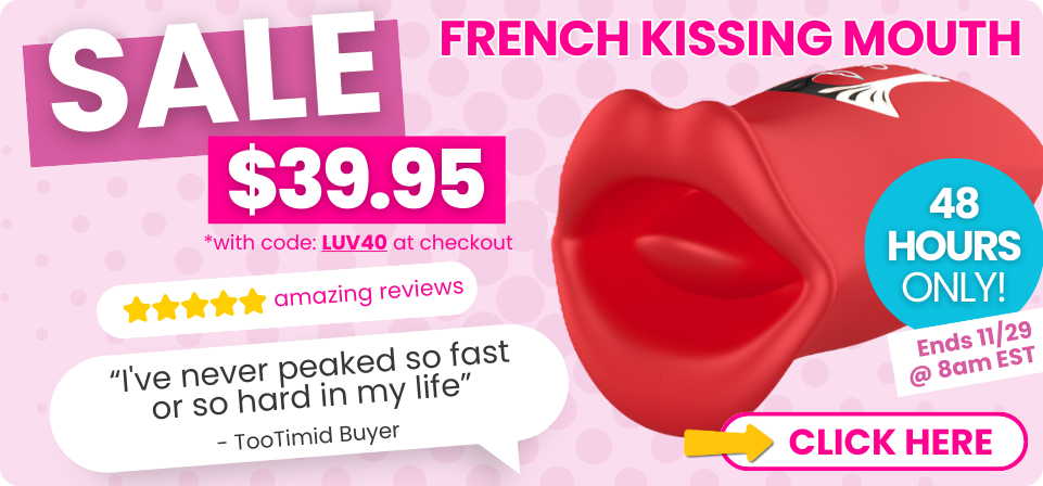 Promotional graphic for a product labeled 'French Kissing Mouth' with sale pricing and limited-time offer on a pink background.
