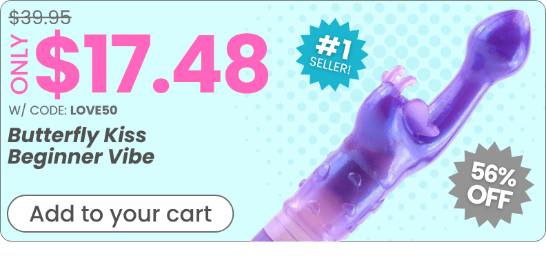 Promotional product graphic for the 'Butterfly Kiss Beginner Vibe' adult toy. The image shows a translucent purple silicone toy on a light blue patterned background with large pink text reading '$17.