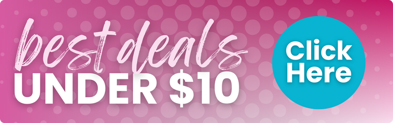 Promotional banner with 'best deals under $10' text and a 'Click Here' button on a pink background.