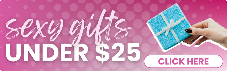 Promotional banner with 'sexy gifts under $25' text and a hand holding a blue gift box on a pink background.