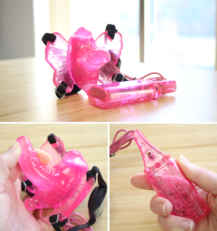 3 different images of hands-free butterfly vibrator