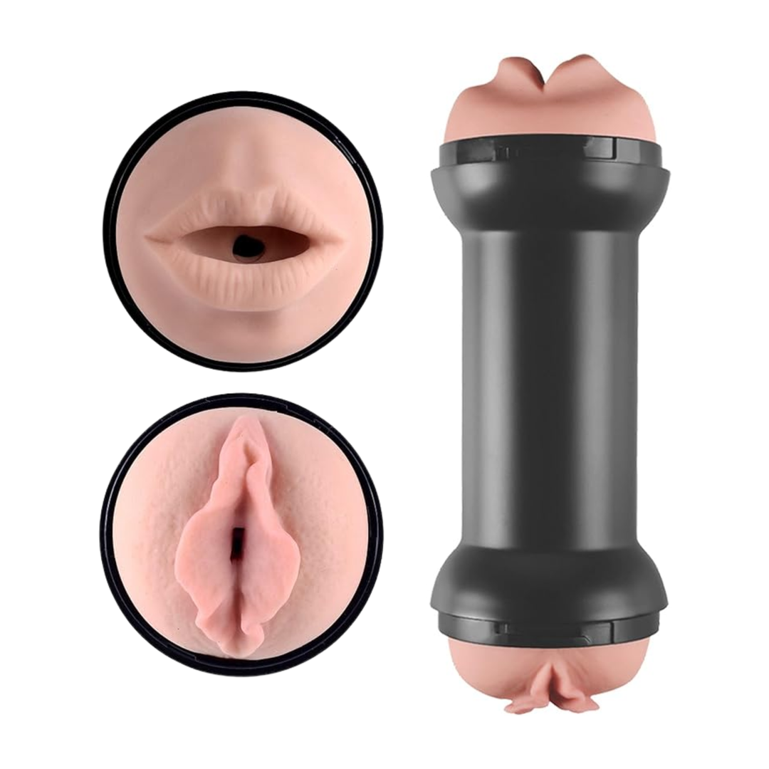 Training Master Double Sided Male Stroker - Mouth and Pussy view of both sides of realistic male masturbator 