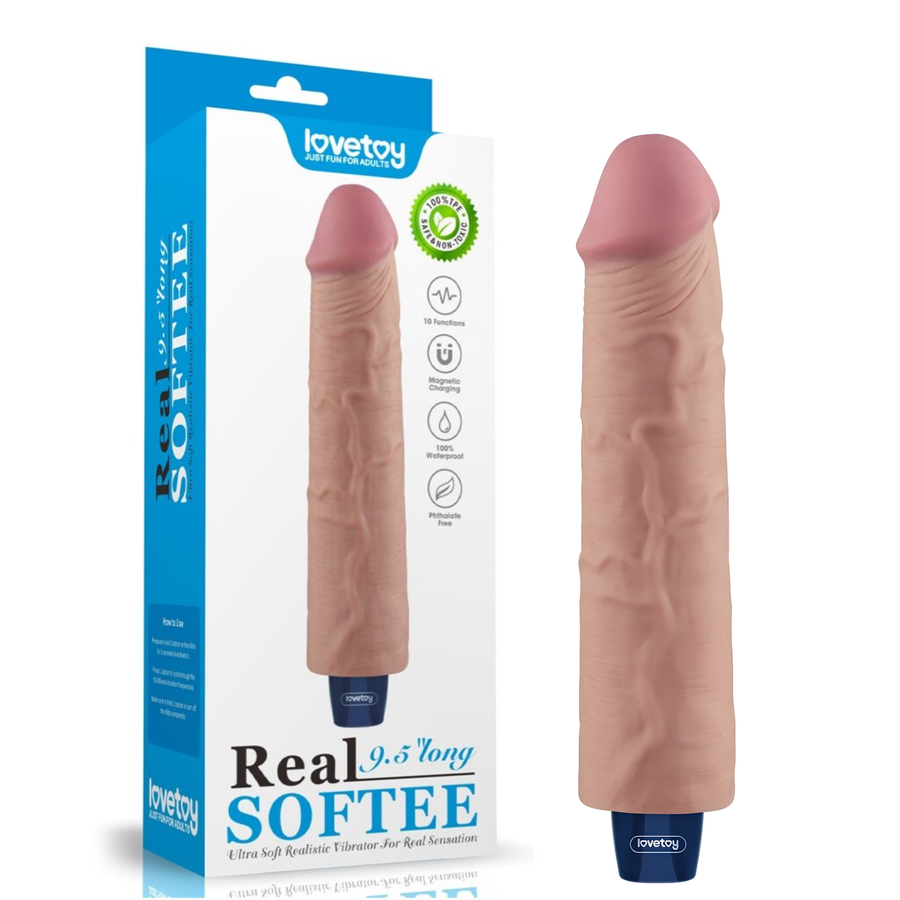 beige 9.5 inch Real-feel Waterproof Rechargeable Vibrating Dildo as seen next to packaging 