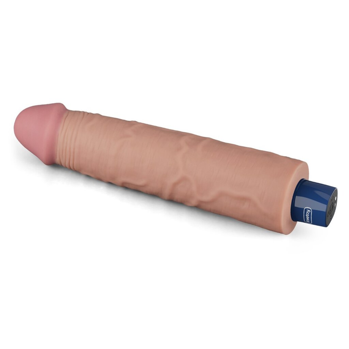 angled side view of 9.5 inch Real-feel Waterproof Rechargeable Vibrating Dildo in beige laying flat 