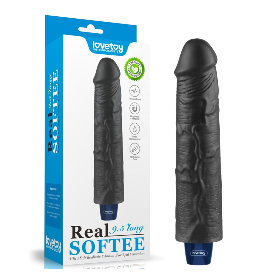 black 9.5 inch Real-feel Waterproof Rechargeable Vibrating Dildo as seen next to packaging 