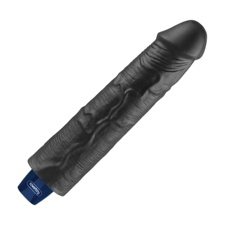 side view of black 9.5 inch Real-feel Waterproof Rechargeable Vibrating Dildo 