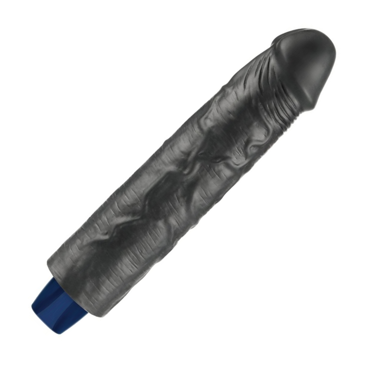angled side view of black 9.5 inch Real-feel Waterproof Rechargeable Vibrating Dildo with raised veins 