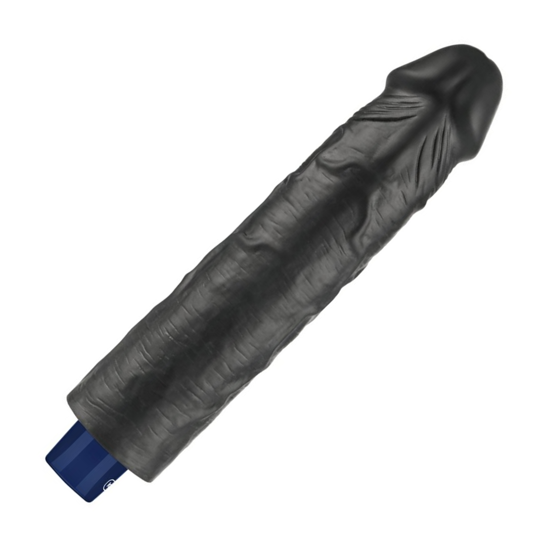 frenulum from tip of 9.5 inch Real-feel Waterproof Rechargeable Vibrating Dildo in black 
