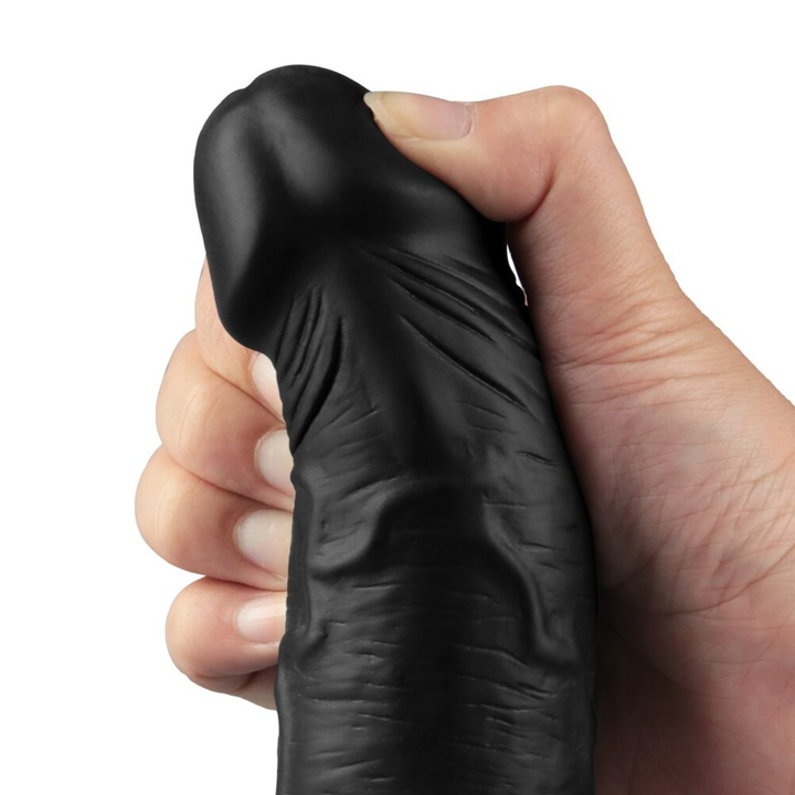 fingers squeezing soft 9.5 inch Real-feel Waterproof Rechargeable Vibrating Dildo tip 