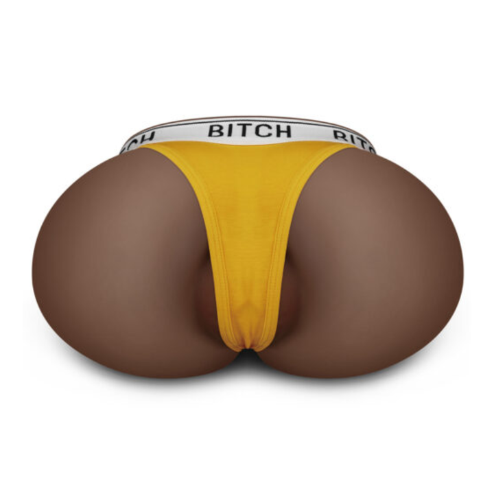 LoveToy male masturbator realistic sex doll thrust piece Streetgirl's 13 in brown as seen with BITCH thong 