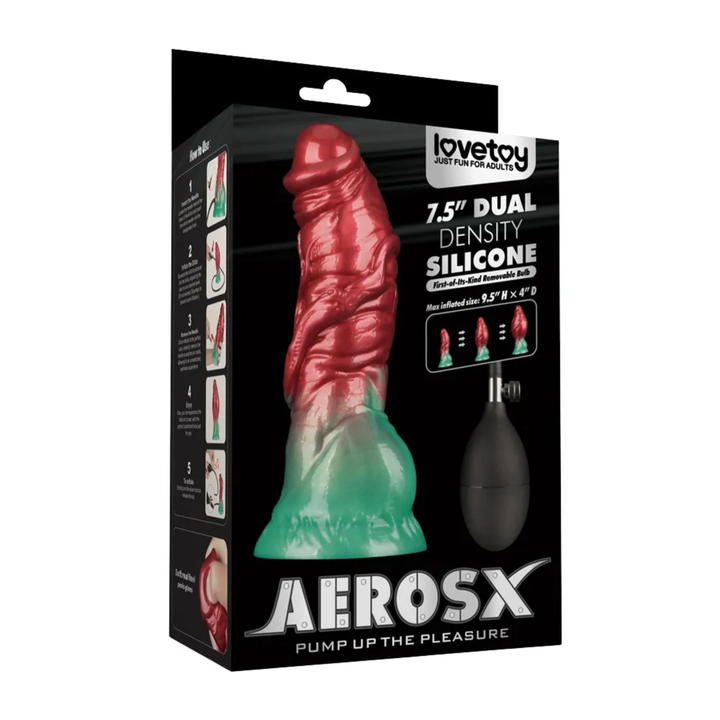 7.5 inch Dual Density Silicone Inflatable Dildo as seen inside of packaging
