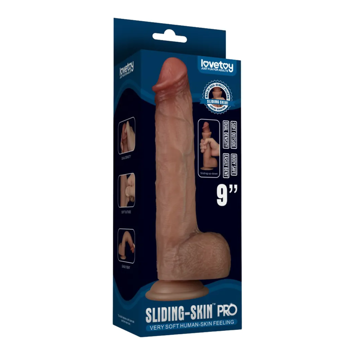 9 inch Sliding Skin Pro Dual Layer Silicone Dildo as seen inside of packaging 