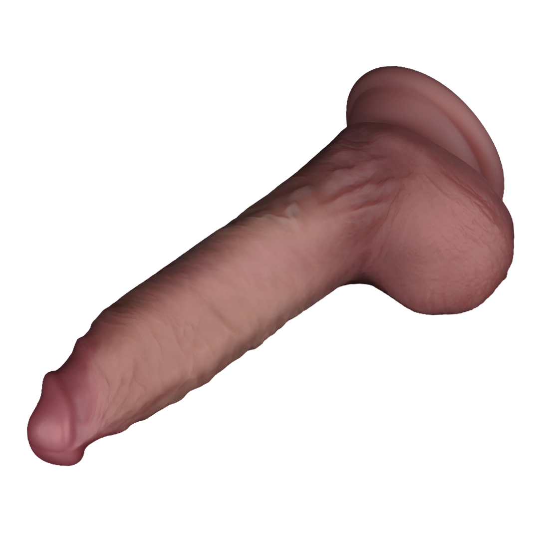 7 inch Sliding Skin Pro II Dual Layer Silicone Dildo laying flat view of balls and penis tip 