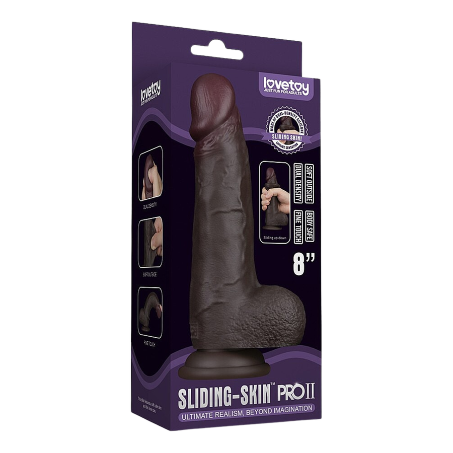 black Sliding Skin Pro II Dual Layer Silicone dual density design dildo as seen inside of packaging 