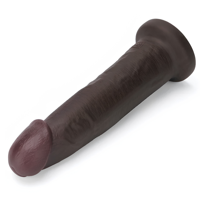 angled side view of black 9 inch Sliding Skin Pro II Dual Layer Silicone Dildo with raised veins 