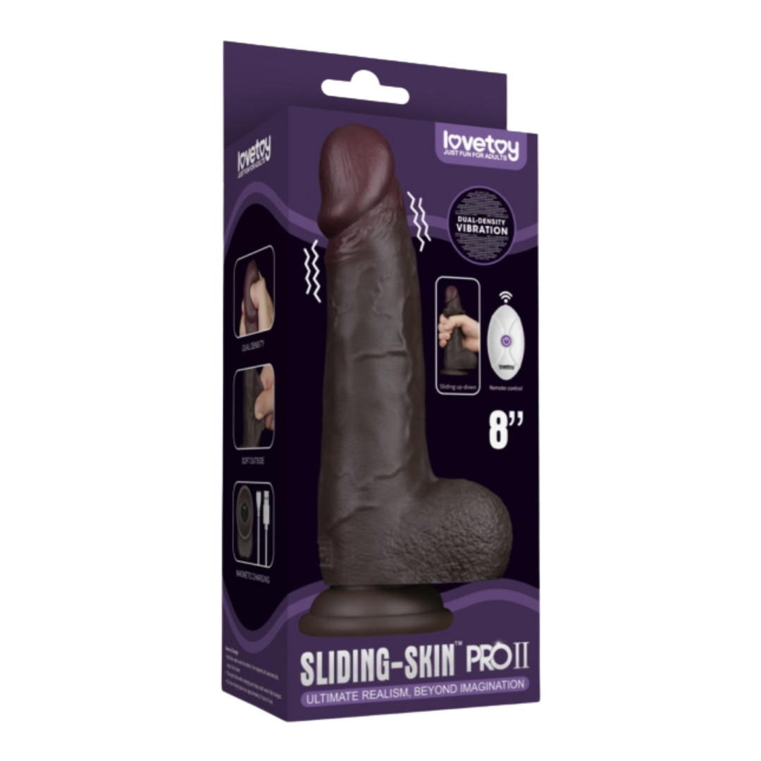 Sliding Skin Pro II Dual Layer Silicone dual density design dildo with 10 vibration modes as seen inside of packaging 