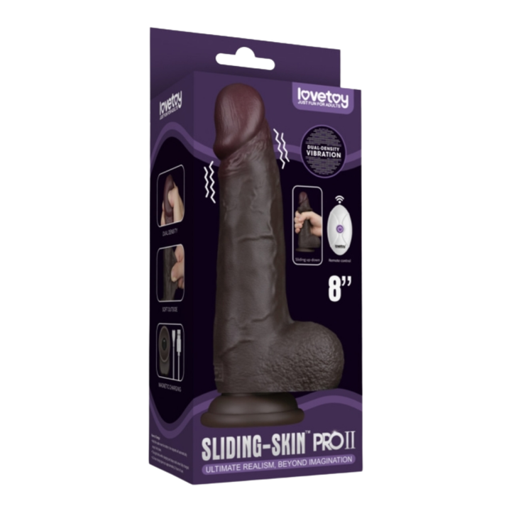 Sliding Skin Pro II Dual Layer Silicone dual density design dildo with 10 vibration modes as seen inside of packaging 