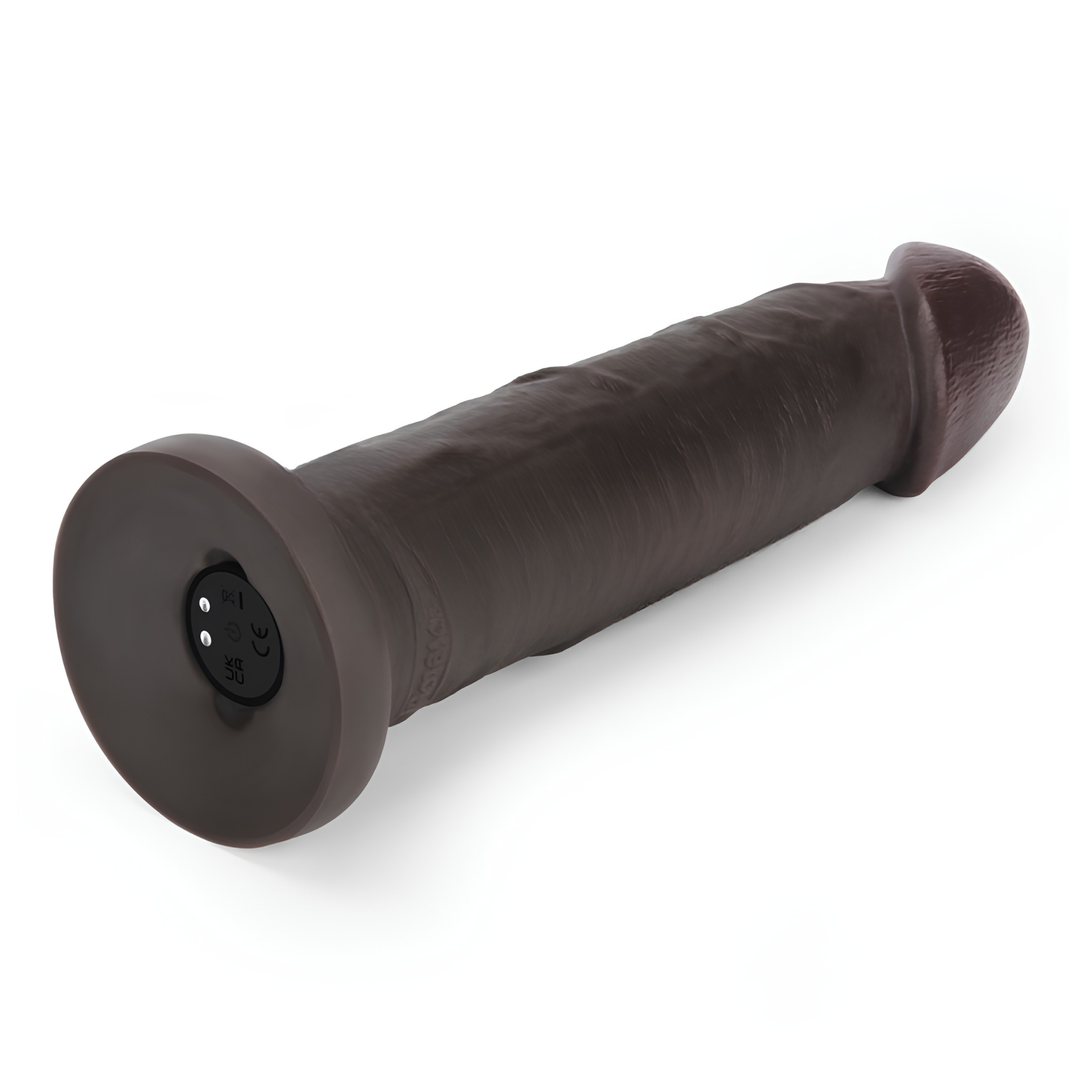 view of power button from vibrating model 9 inch Sliding Skin Pro II Dual Layer Silicone Dildo