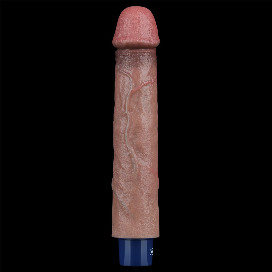 top side view of lovetoy real 9 inch long softee platinum silicone vibrator dildo  lifelike penis 