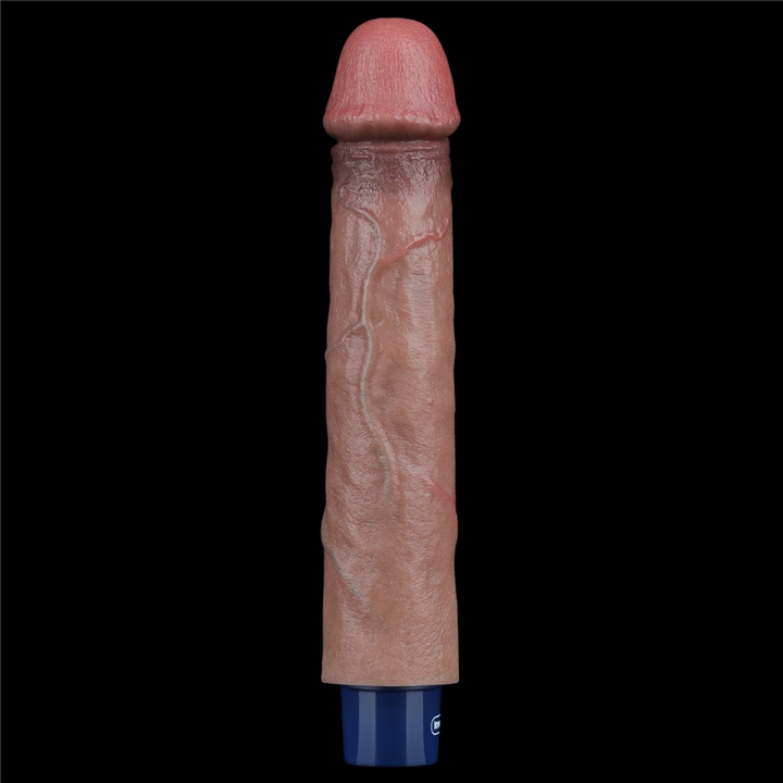 top side view of lovetoy real 9 inch long softee platinum silicone vibrator dildo  lifelike penis 
