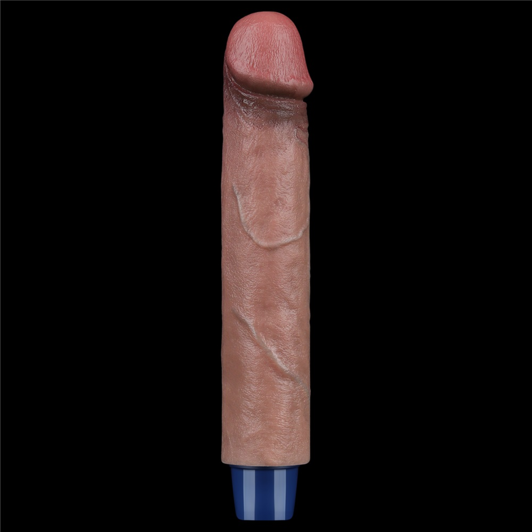 side view of lovetoy real 9 inch long softee platinum silicone vibrator dildo black background
