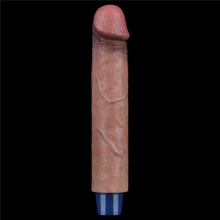 side view of lovetoy real 9 inch long softee platinum silicone vibrator dildo black background