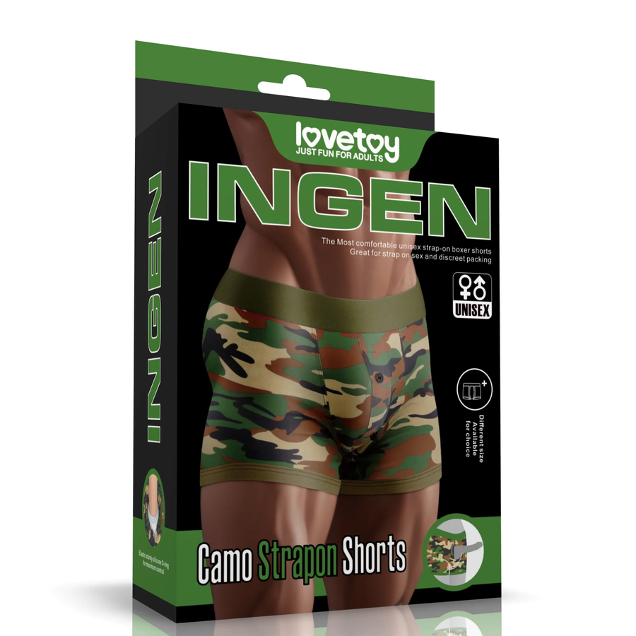INGEN Unisex Camo Strap-on Shorts as seen inside of packaging 