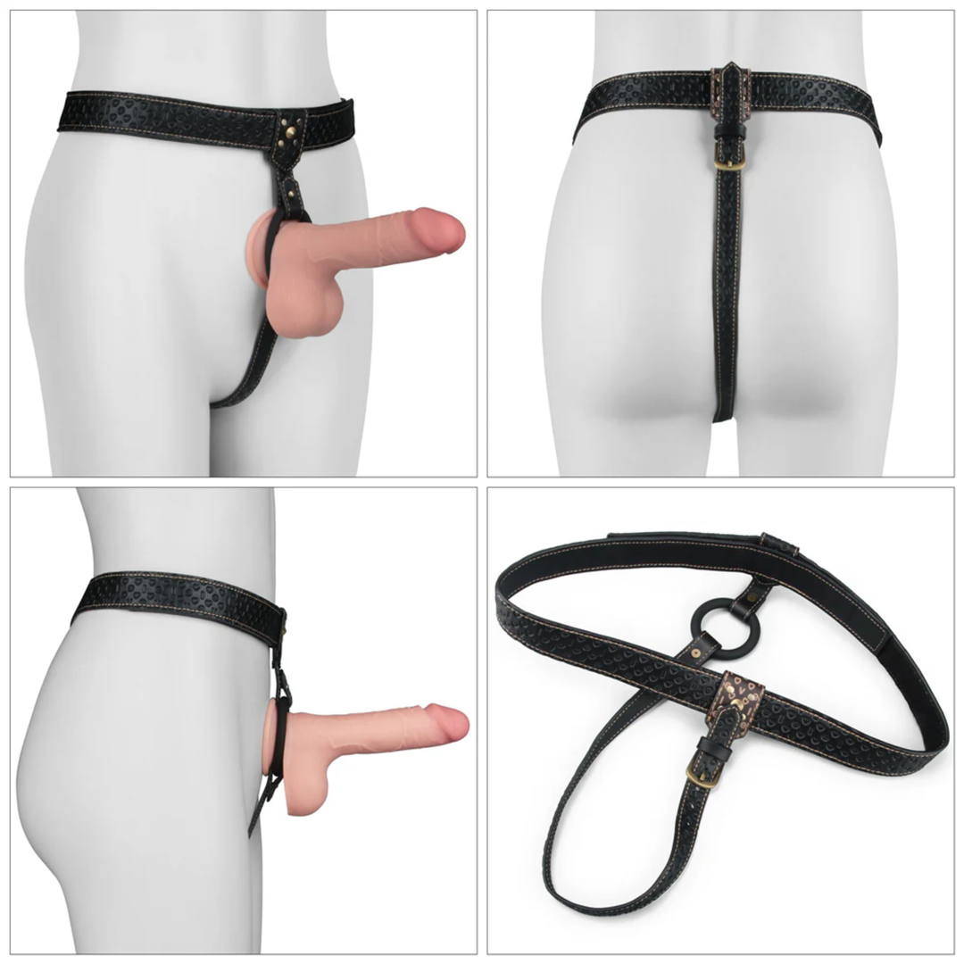 4 product close ups of Rebellion Reign Strap-On Harness with a dildo worn on a mannequin 